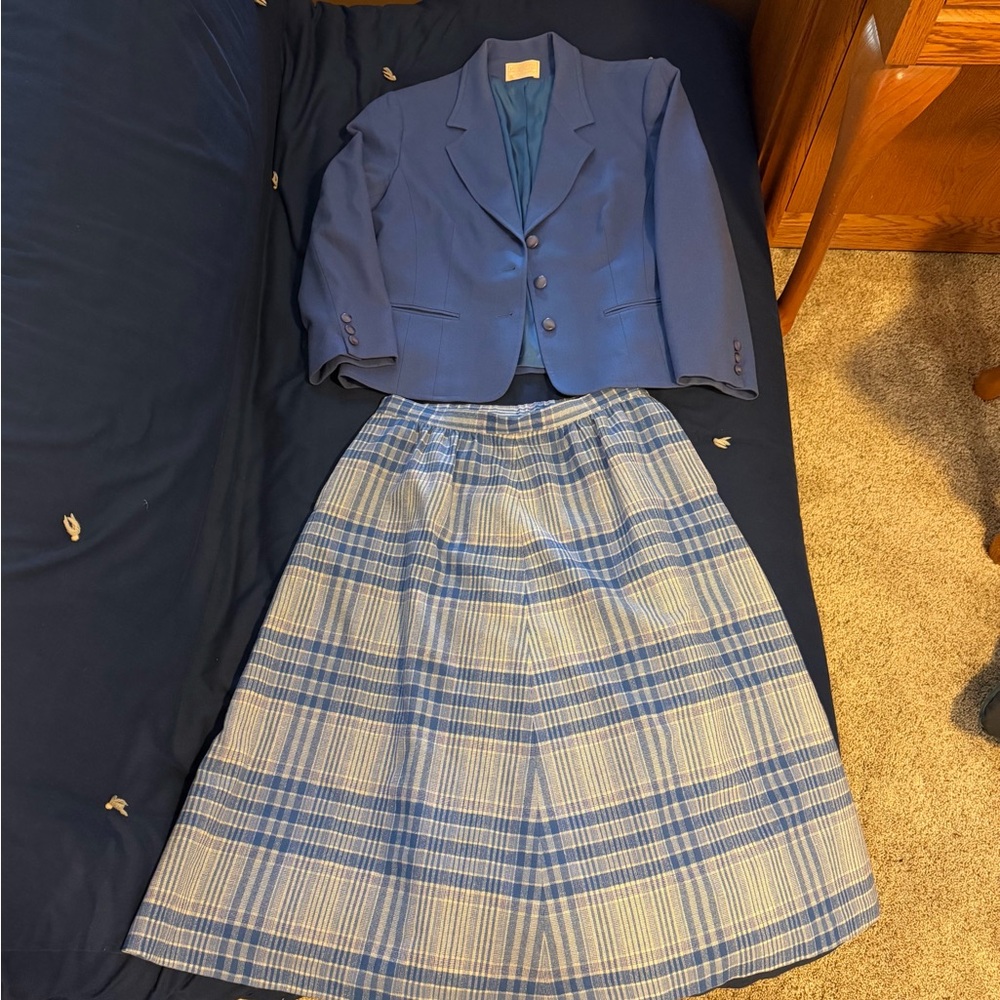 Vintage Pendleton Blue Plaid A-Line Midi Skirt and Blazer Jacket